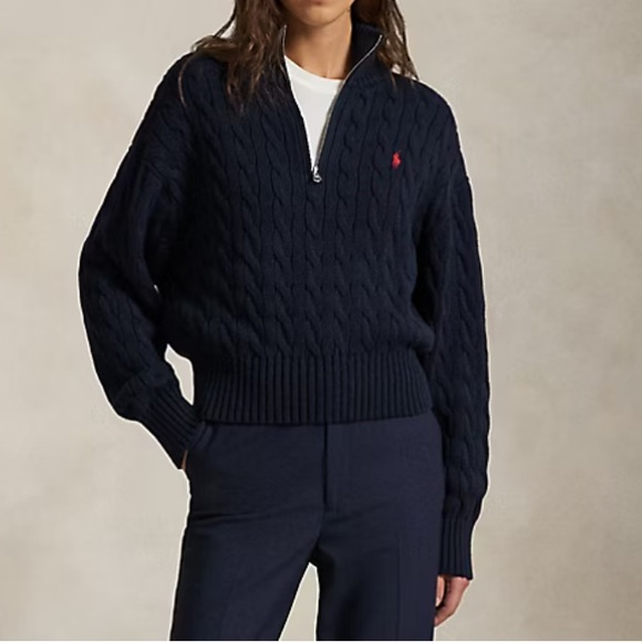 Ralph Lauren Sweaters - NEW!!! Ralph Lauren Navy Cable-Knit Quarter-Zip Sweater with Red Pony